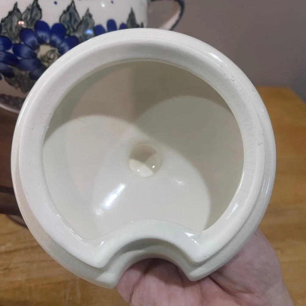 Vtg Polish Pottery Blue Floral Soup Tureen Set with Lid and Ladle Hand Painted